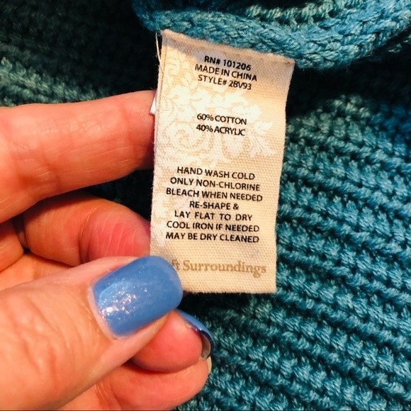 Soft Surroundings teal long sweater, 3 button placket, 2 pockets cotton blend, M - Picture 4 of 7